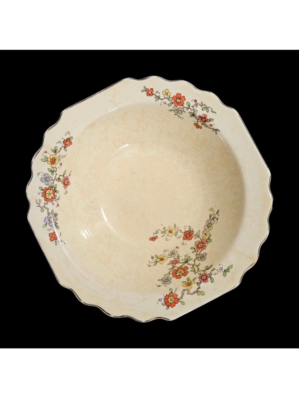 Vintage W S George Canarytone Floral Serving Bowl 9" Scalloped Edge USA